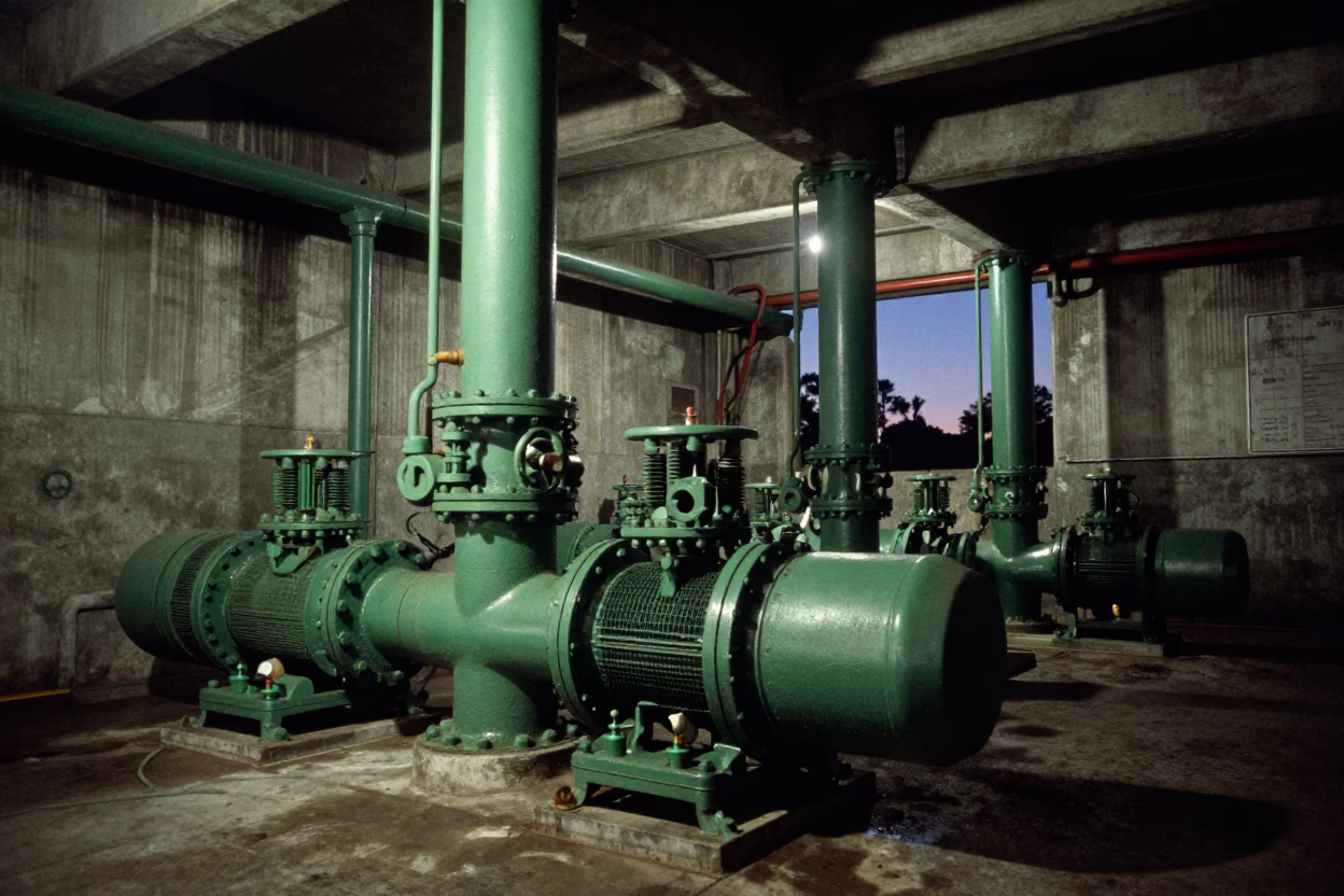New Orleans Sewage Pumping Station Interior at Predawn with Massive Green Pumps in in New Orleans, Louisiana, United States
