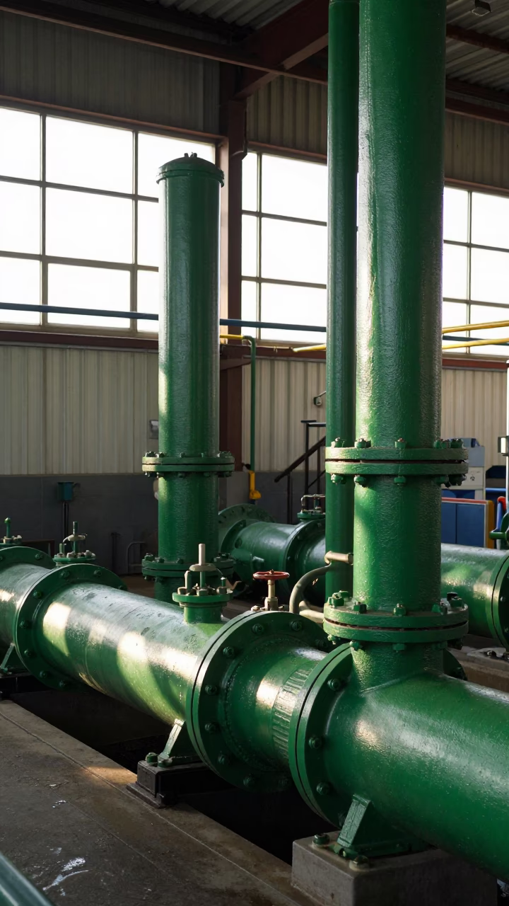 New Orleans Sewage Pumping Station Interior with Massive Green Pumps in Late Morning Light in in New Orleans, Louisiana, United States
