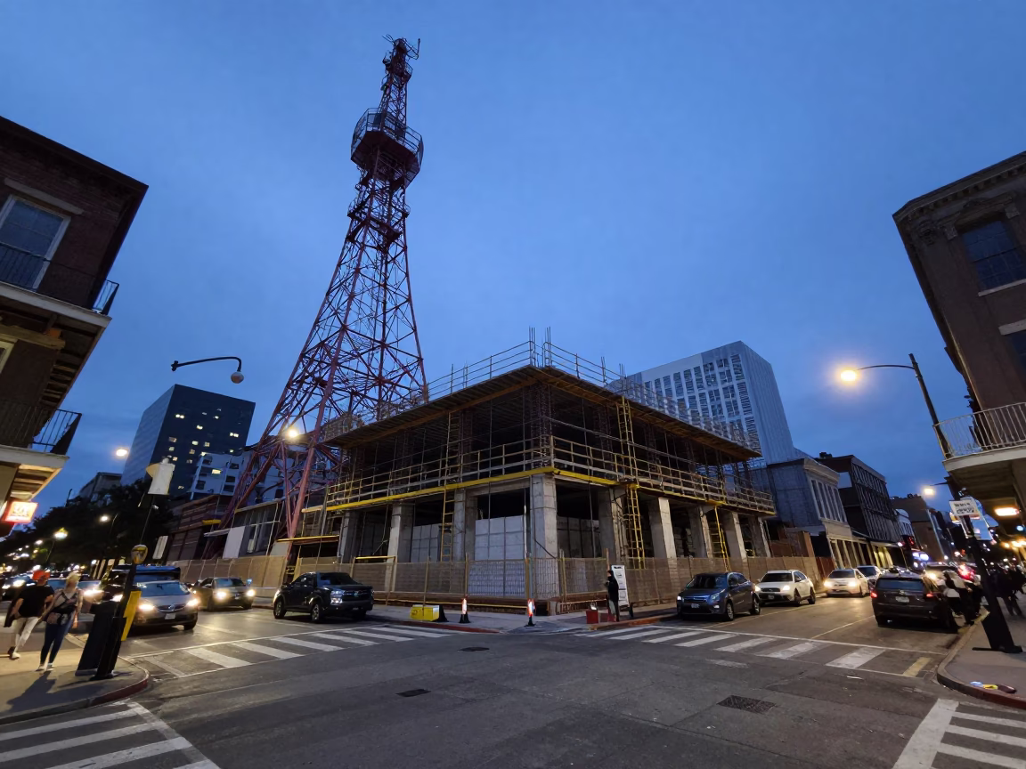New Orleans Street Construction Site Evening with Lattice Tower and Rebar in in New Orleans, Louisiana, United States