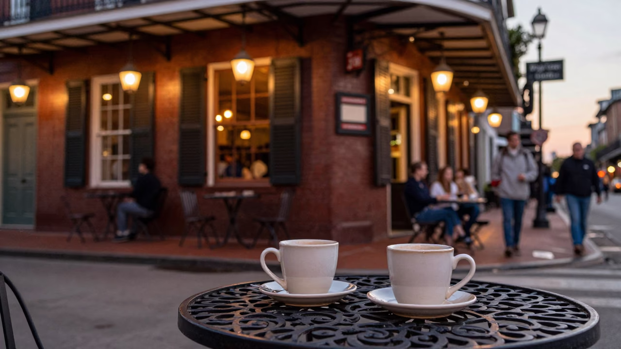 New Orleans Street Corner at Dusk with Coffee Mugs and Freight Train in in New Orleans, Louisiana, United States