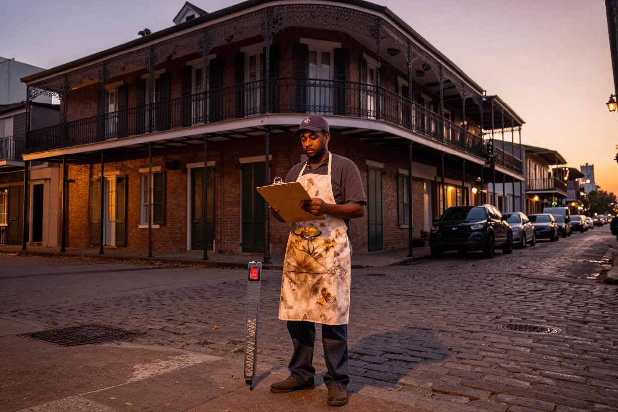 New Orleans Street Corner Before Dusk with Apron and Clipboard in in New Orleans, Louisiana, United States