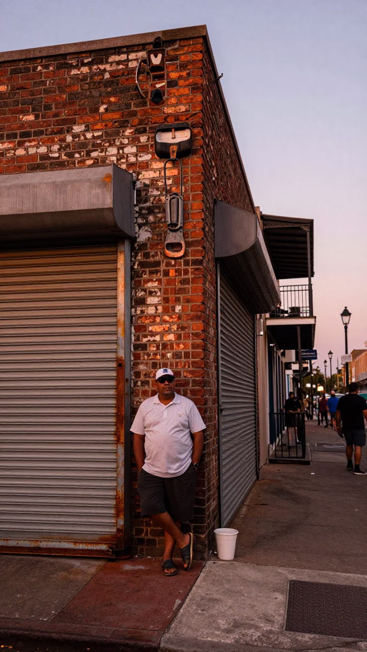New Orleans Street Corner Before Dusk with Bottle Opener and Leather Basketball in in New Orleans, Louisiana, United States