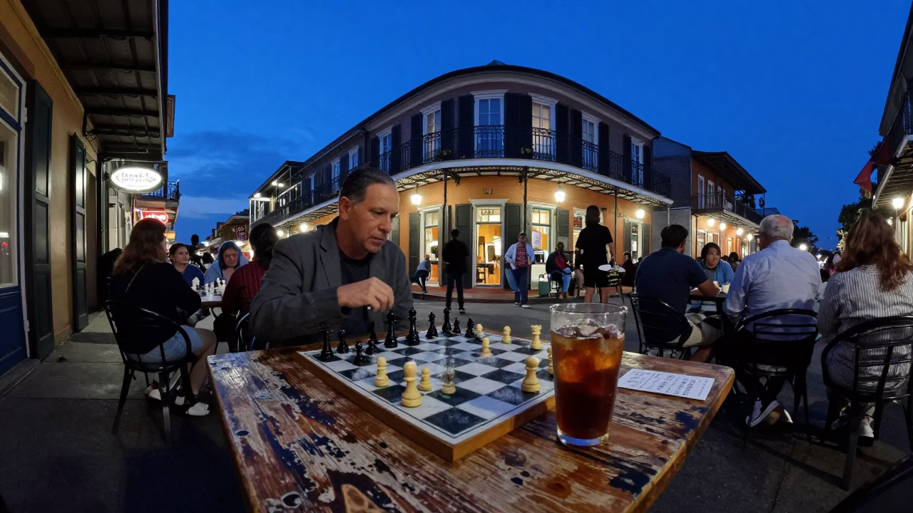 New Orleans Street Corner Evening Activity with Condensation and Chess Clock in in New Orleans, Louisiana, United States