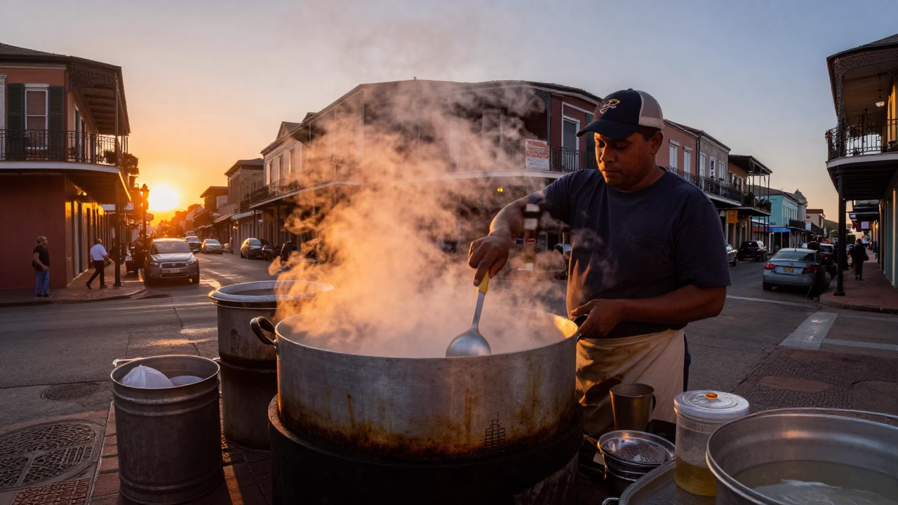 New Orleans Street Food Vendor Cooking Pot Sunset Scene Louisiana in in New Orleans, Louisiana, United States