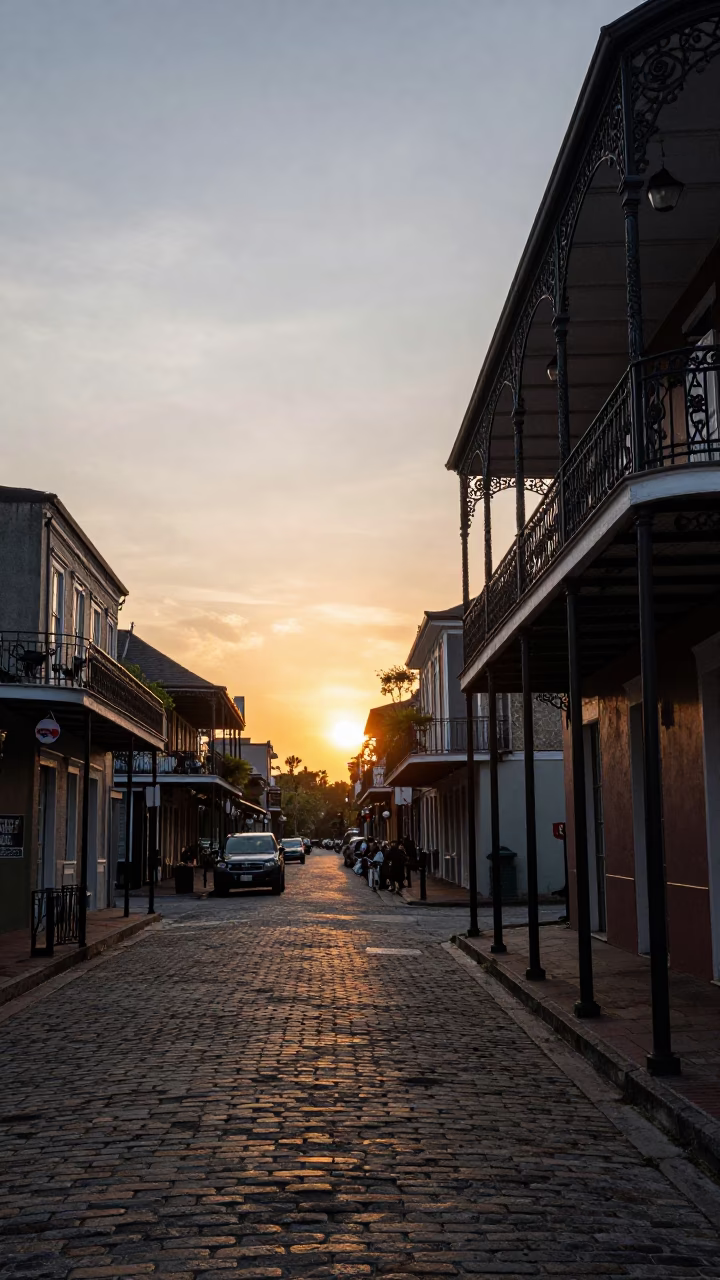 New Orleans Street Scene at As The Sun Drops Toward The Horizon in in New Orleans, Louisiana, United States