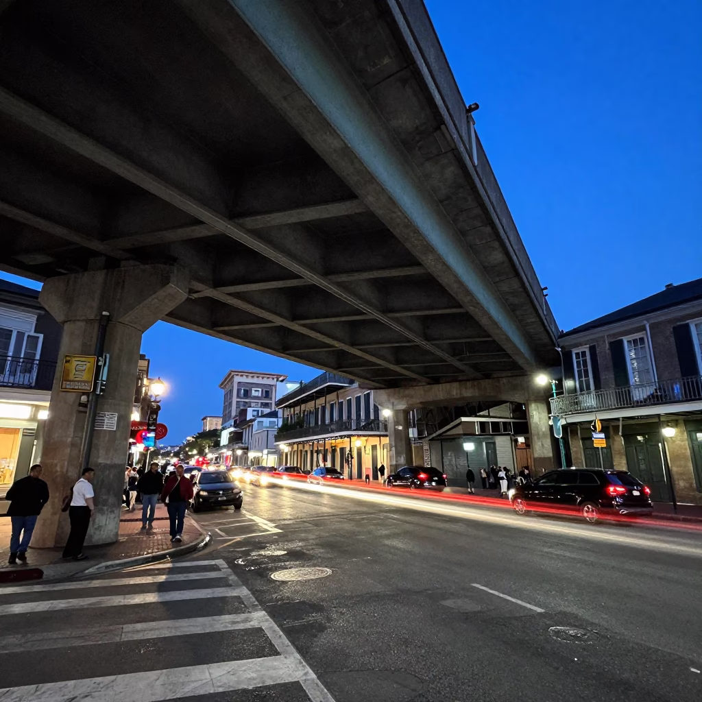 New Orleans Street Scene at Blue Hour with Overpass and Taillight Streaks in in New Orleans, Louisiana, United States