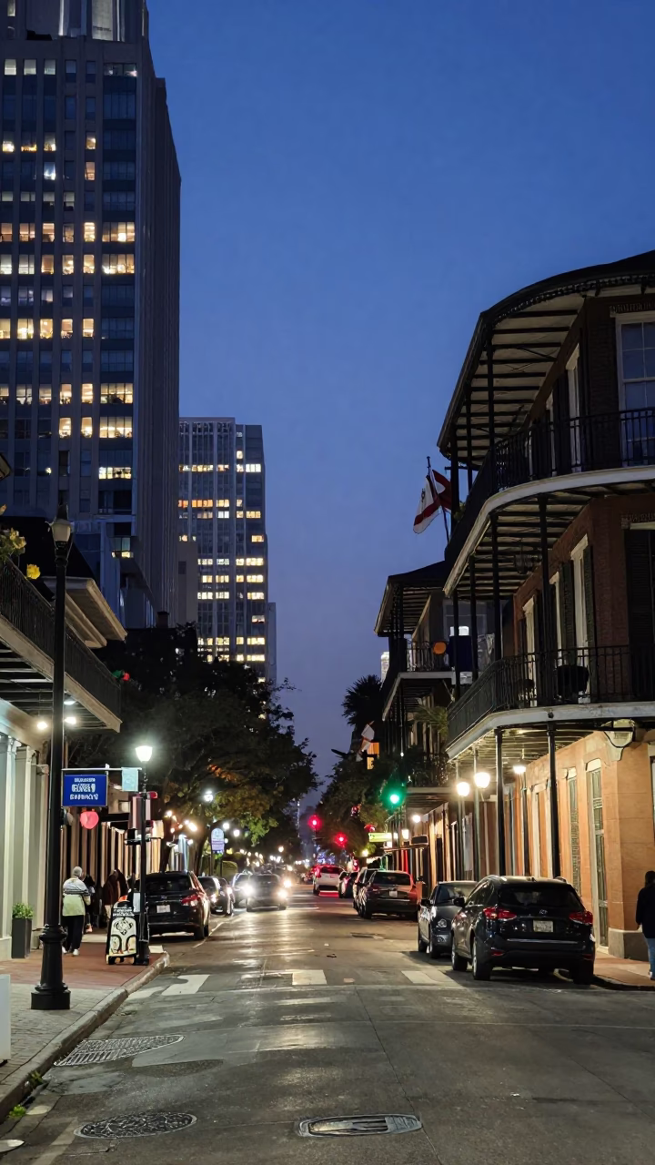 New Orleans Street Scene at Dusk with Glowing City Lights and Local Architecture in in New Orleans, Louisiana, United States