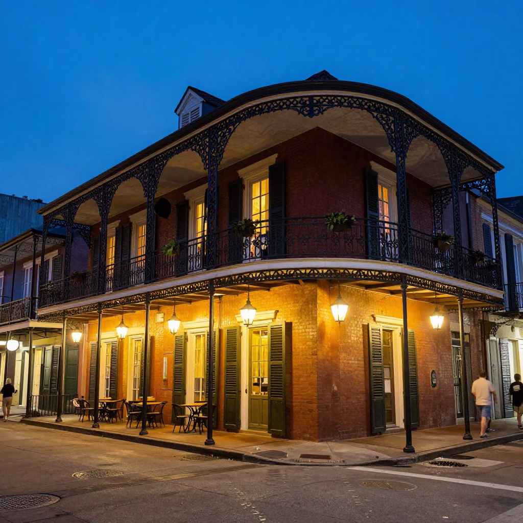 New Orleans Street Scene at Dusk with Ironwork Balcony and Local Diner in in New Orleans, Louisiana, United States