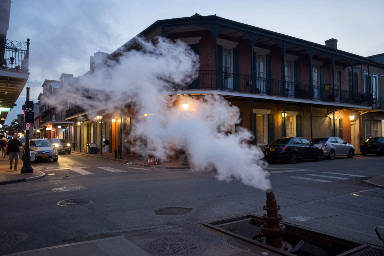 New Orleans Street Scene at Dusk with Steam and Urban Life in in New Orleans, Louisiana, United States
