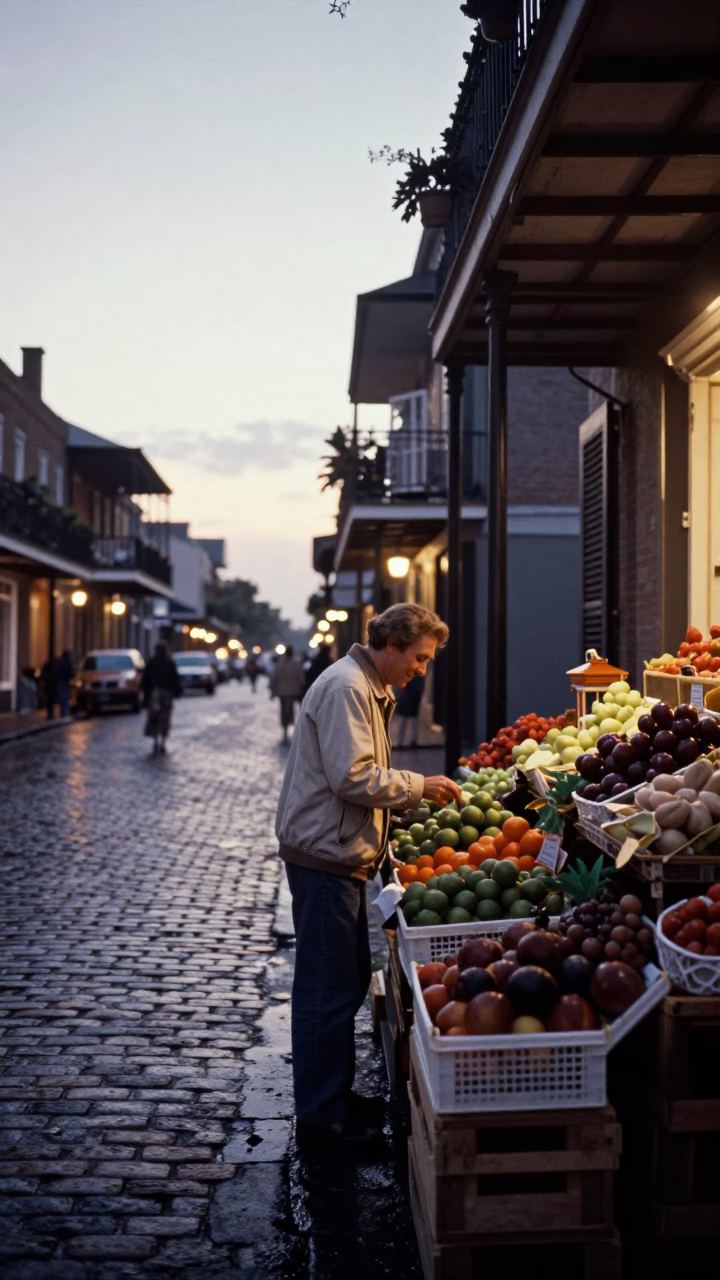 New Orleans Street Scene at Nautical Dawn Light in in New Orleans, Louisiana, United States