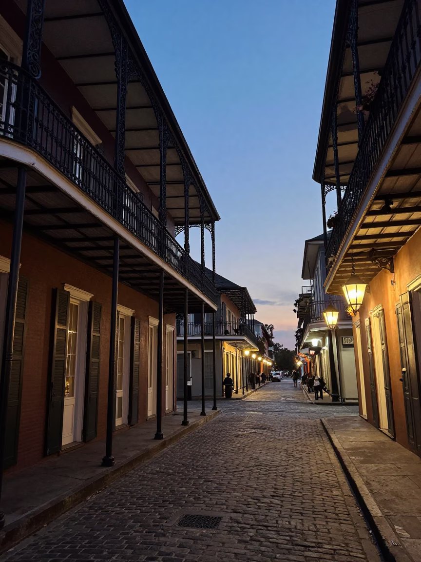New Orleans Street Scene at Predawn with Iron Balconies and Wet Pavement in in New Orleans, Louisiana, United States