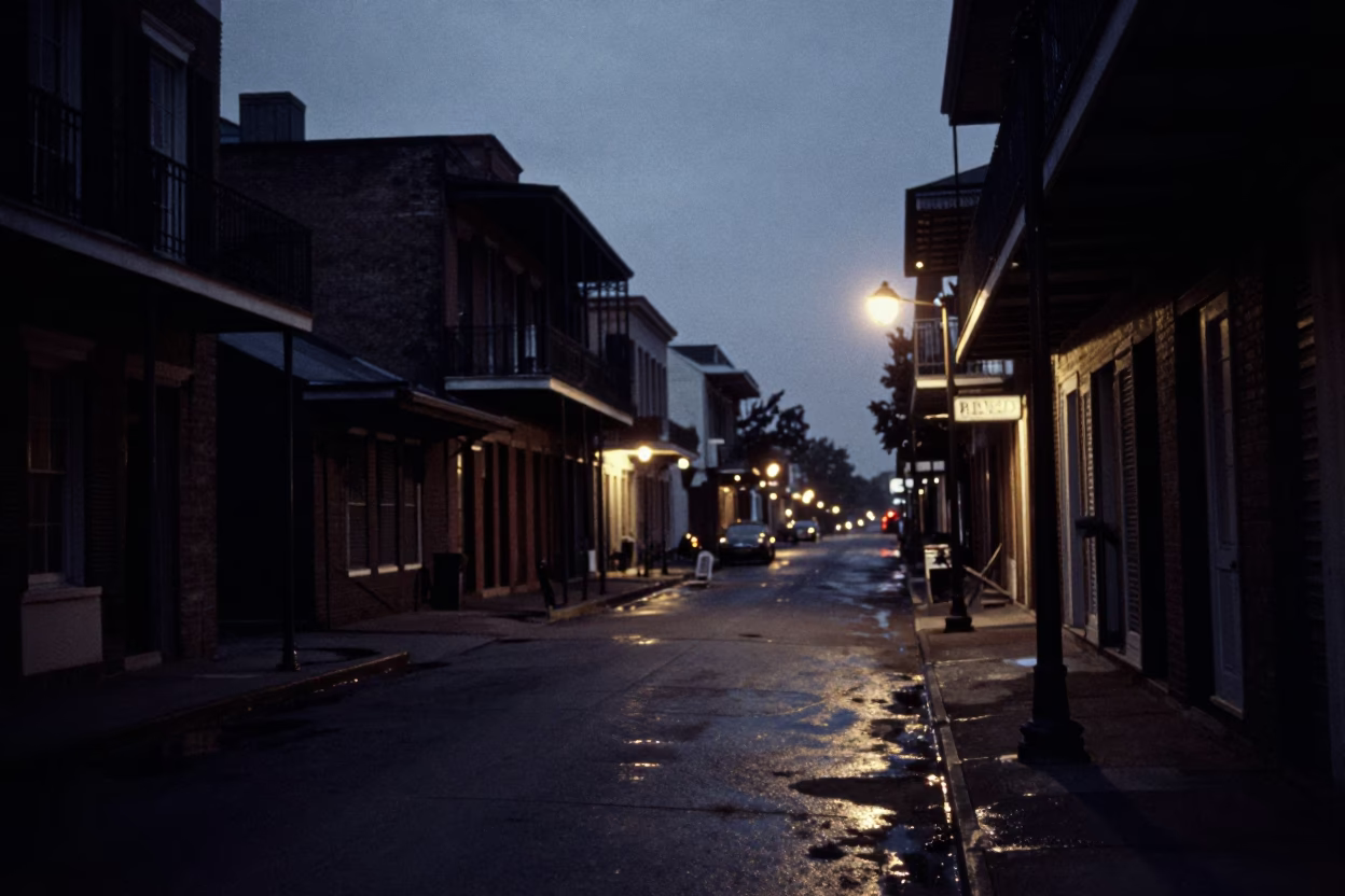 New Orleans Street Scene at The Predawn Darkness Light in in New Orleans, Louisiana, United States