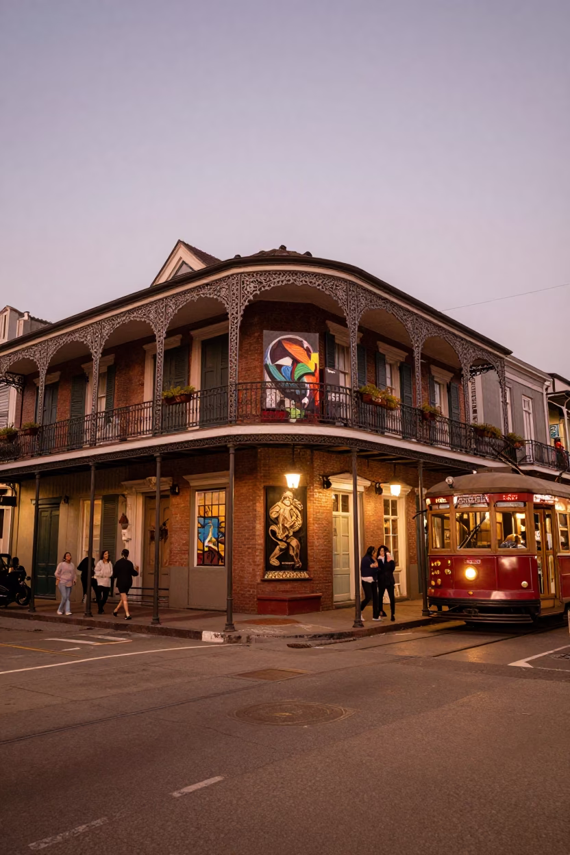 New Orleans Street Scene Before Dusk with Tram and Art Nouveau Facades in in New Orleans, Louisiana, United States