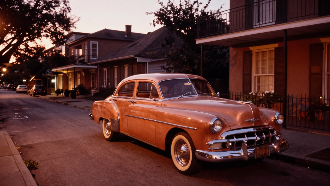 New Orleans Street Scene Before Dusk with Vintage Car and Local Details in in New Orleans, Louisiana, United States