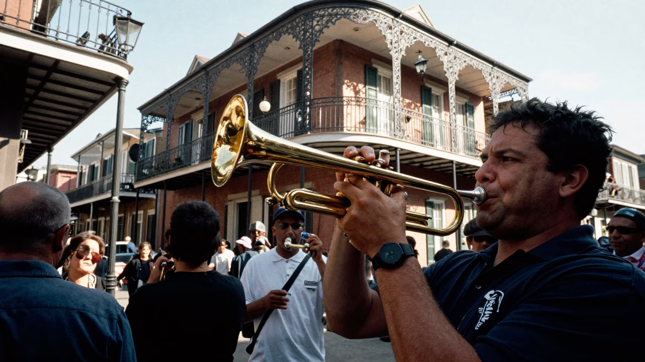 New Orleans Street Scene Early Afternoon with Brass Instruments and Local Life in in New Orleans, Louisiana, United States