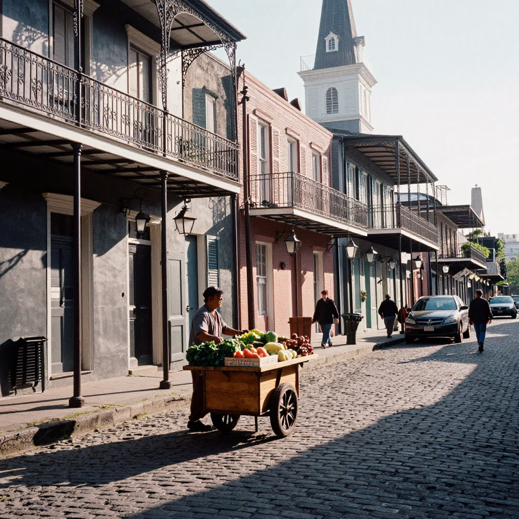 New Orleans Street Scene Early Afternoon with Historic Architecture and Local Life in in New Orleans, Louisiana, United States