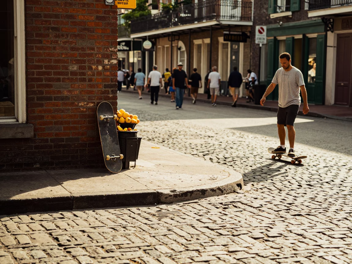 New Orleans Street Scene with Fruit Vendor and Skateboarder in in New Orleans, Louisiana, United States