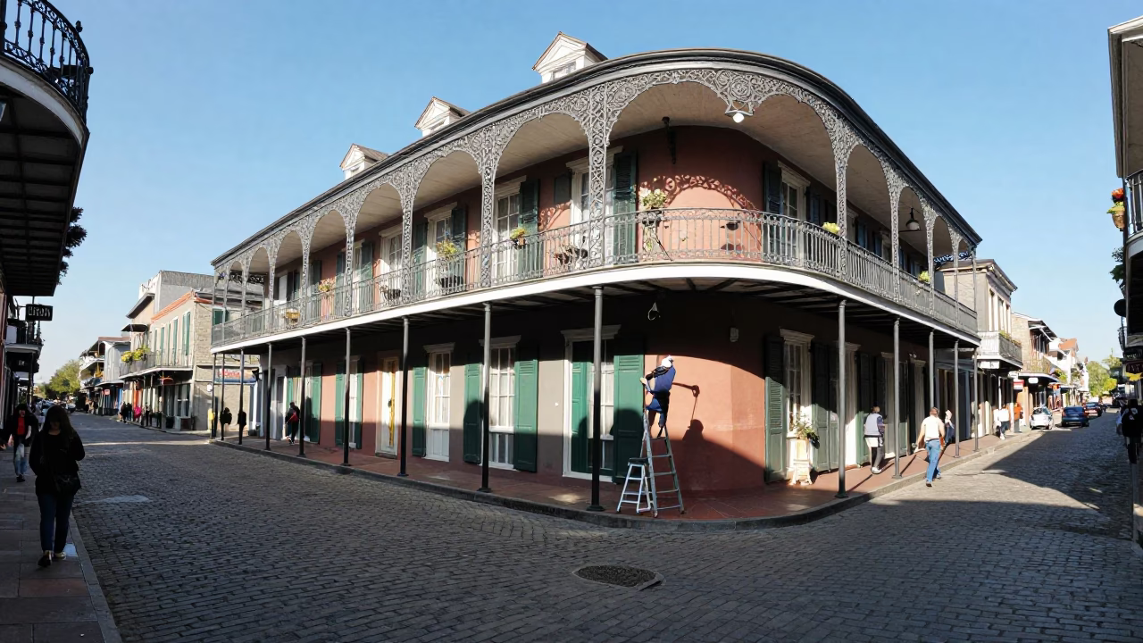 New Orleans Street Scene with Historic Architecture and Pedestrians in Late Afternoon Sunlight in in New Orleans, Louisiana, United States