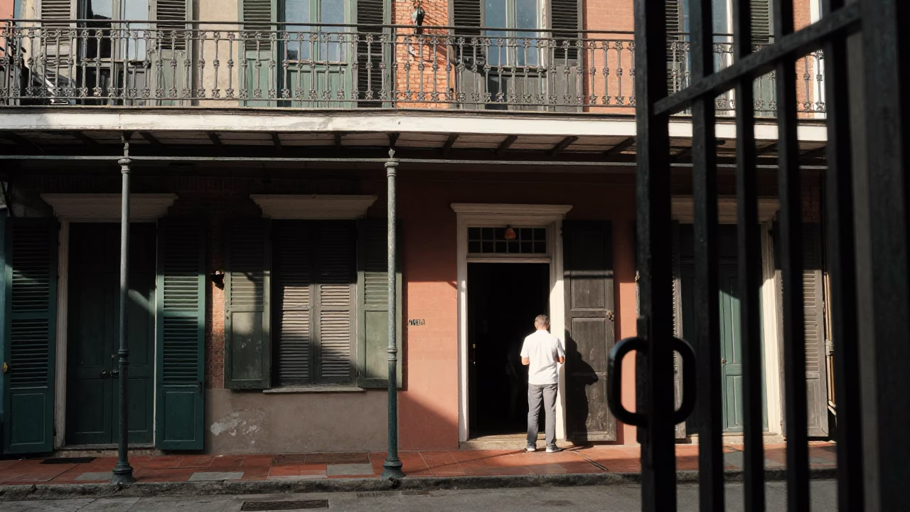 New Orleans Street Scene with Iron Balcony and Gate Handle Detail in in New Orleans, Louisiana, United States