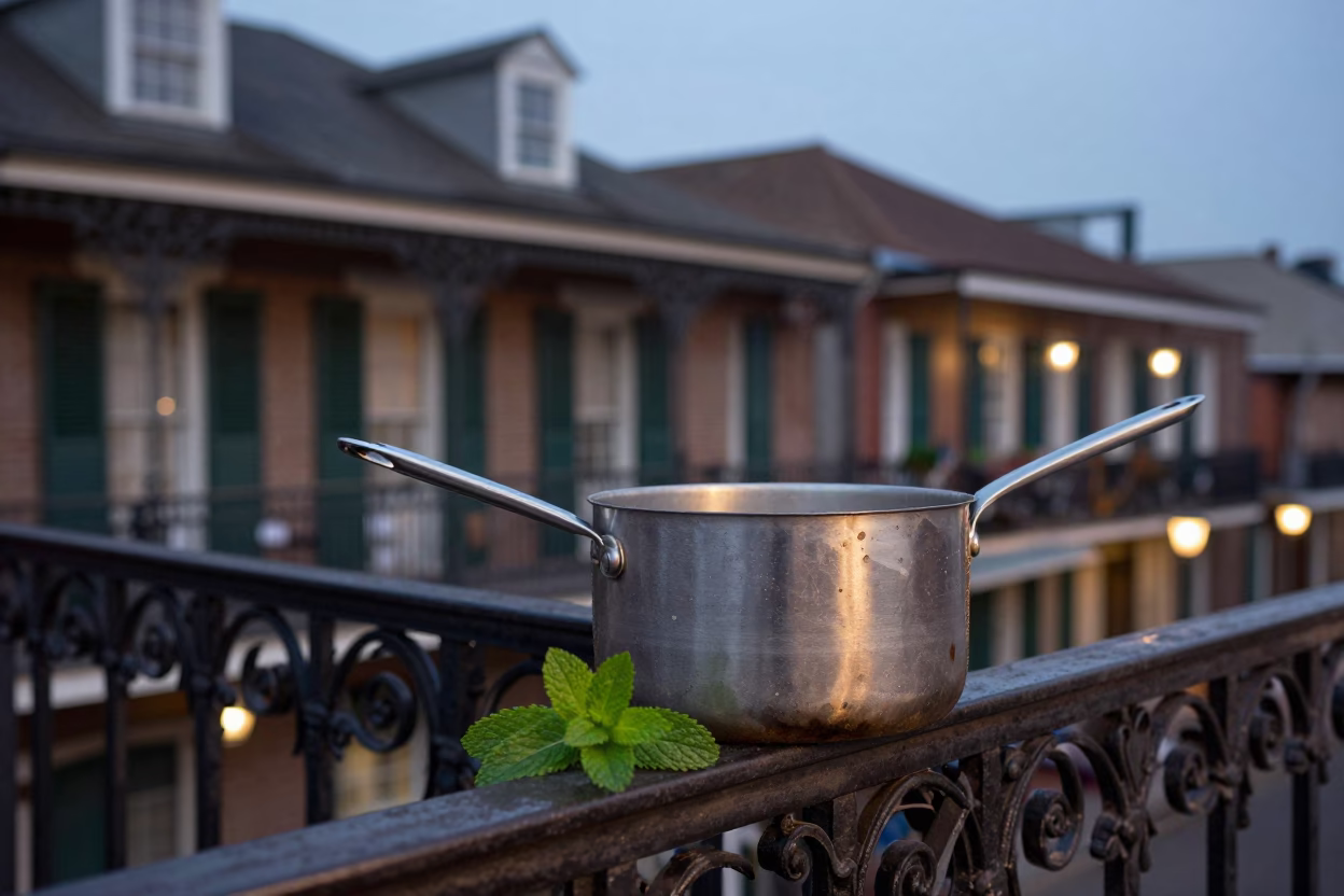 New Orleans Street Scene with Saucepan and Mint Leaves on Balcony in in New Orleans, Louisiana, United States