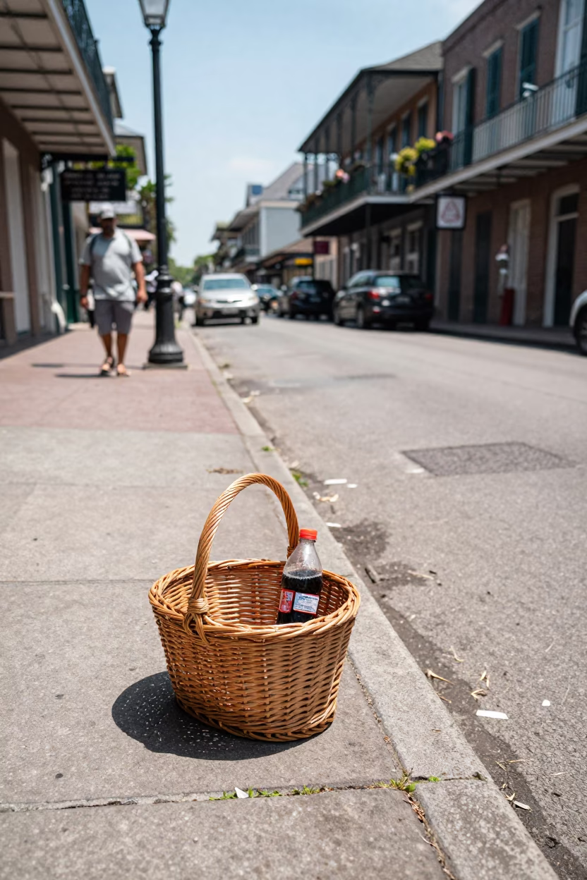 New Orleans Street Scene with Wicker Basket and Soda Bottle at Noon in in New Orleans, Louisiana, United States