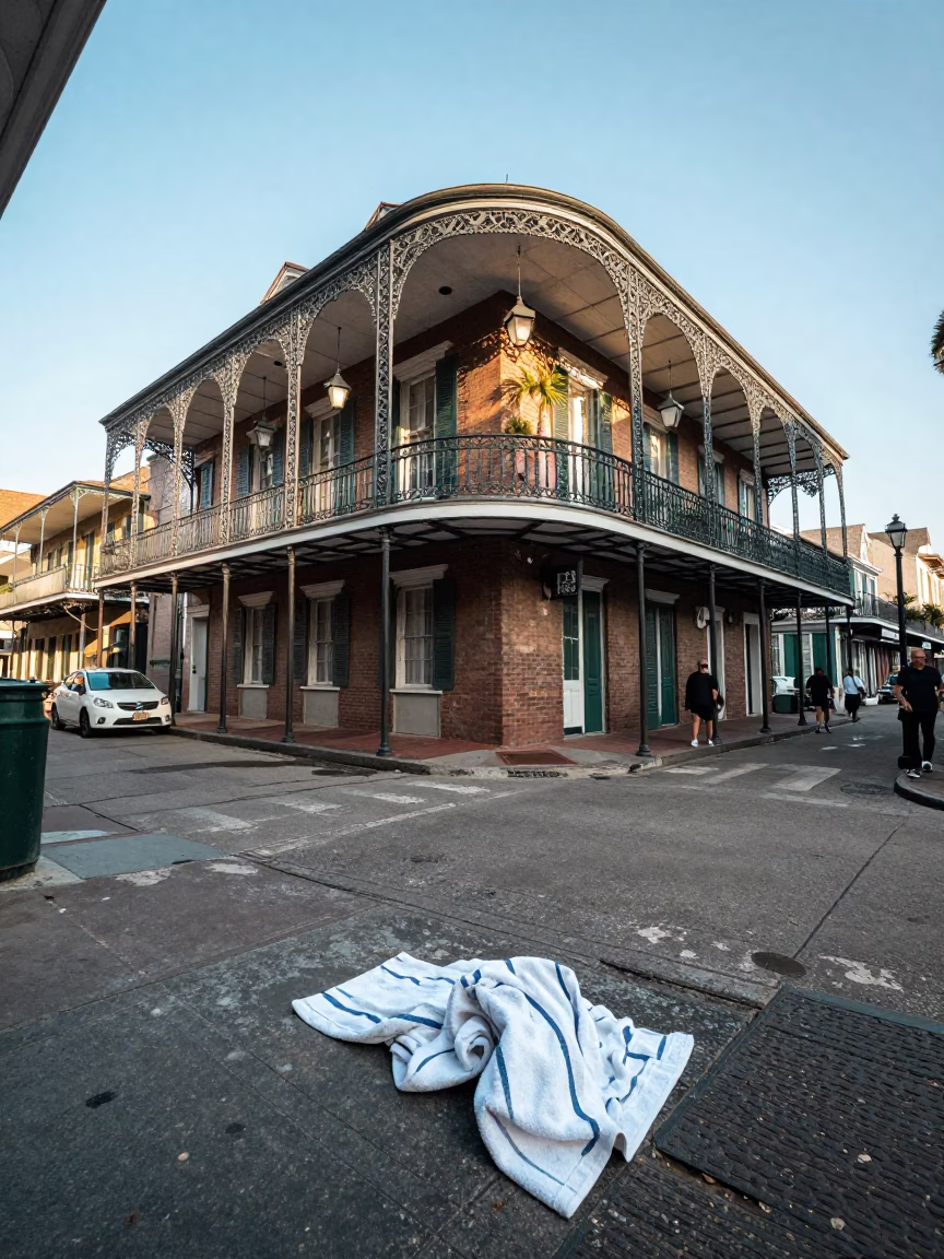 New Orleans Street Scene with Wrought Iron Balconies and Late Afternoon Sunlight in in New Orleans, Louisiana, United States