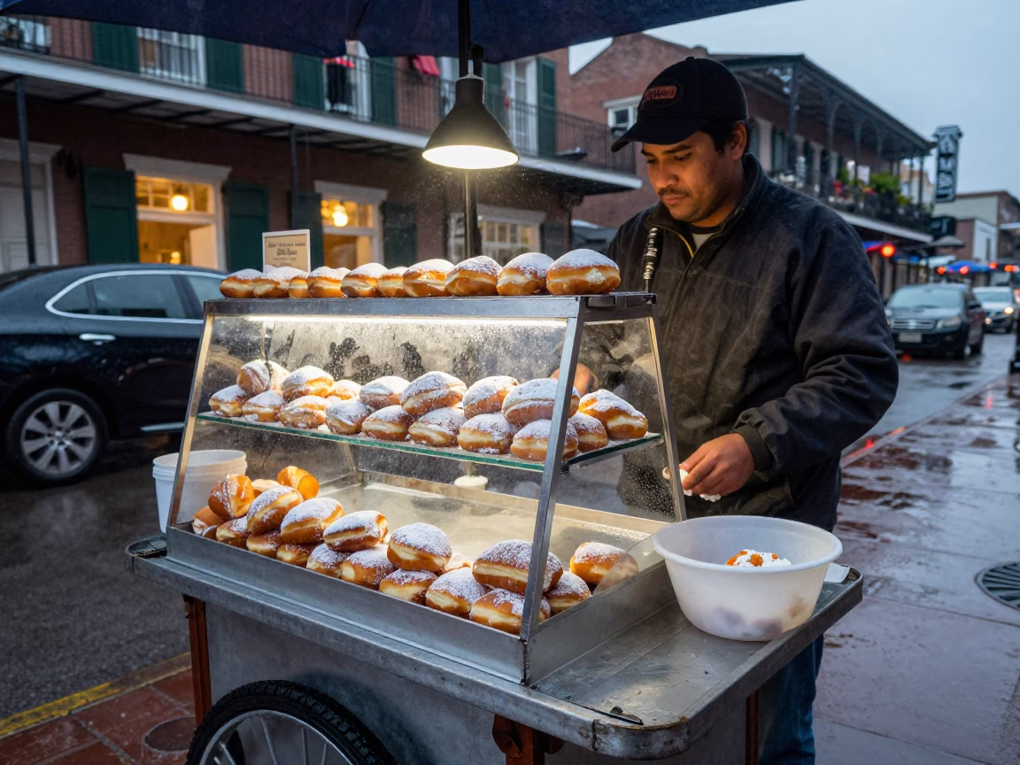 New Orleans street vendor serves hot beignets in light rain at dusk in in New Orleans, Louisiana, United States
