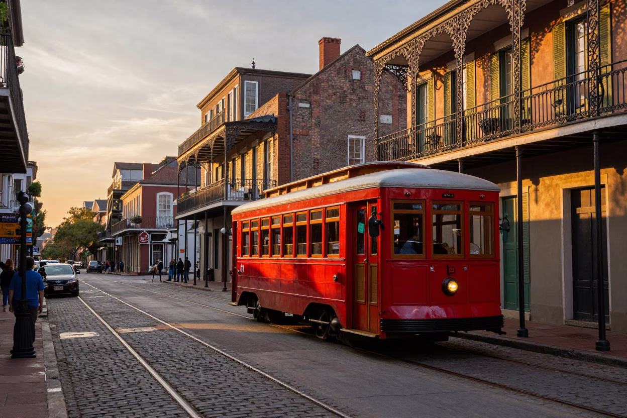New Orleans Streetcar Sunset with Historic Architecture and Vibrant City Life in in New Orleans, Louisiana, United States
