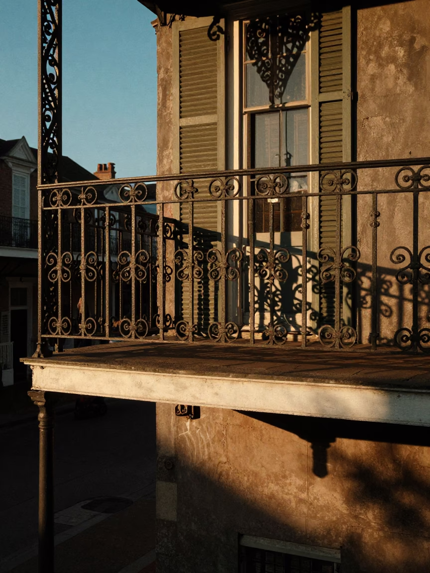 New Orleans Sunset Street Scene with Wicker Shadow and Blue Porcelain Plate in in New Orleans, Louisiana, United States