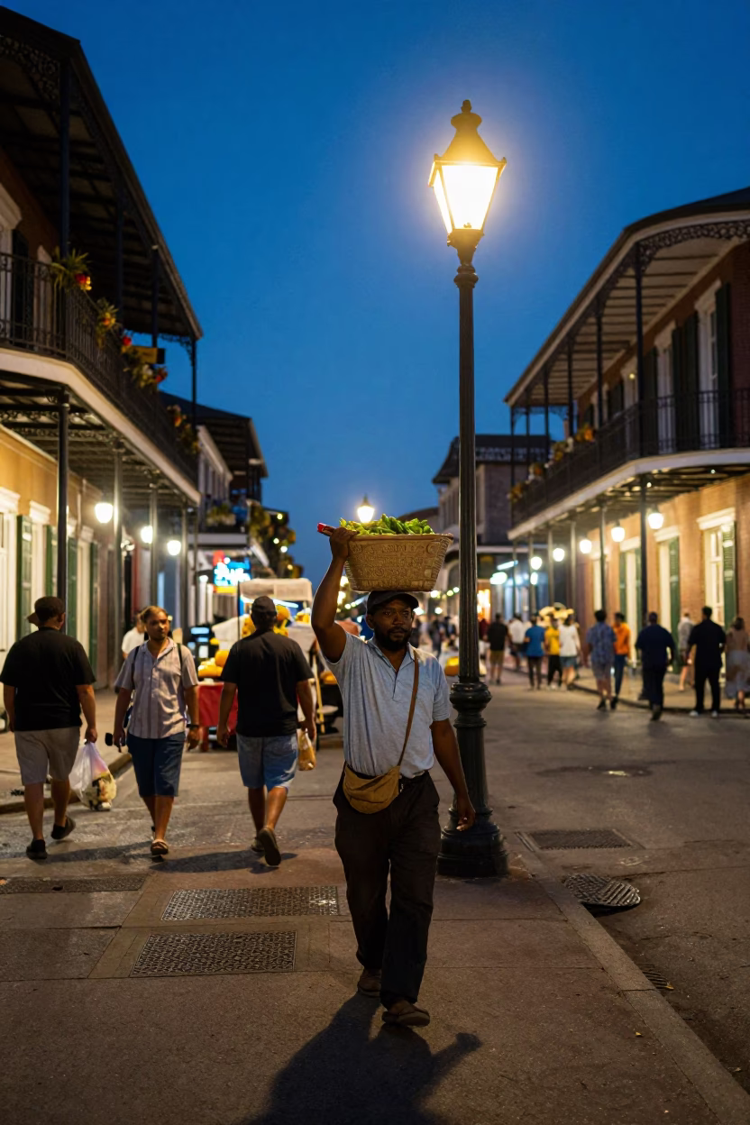 New Orleans Twilight Street Scene with Market Porter and Historic Architecture in in New Orleans, Louisiana, United States