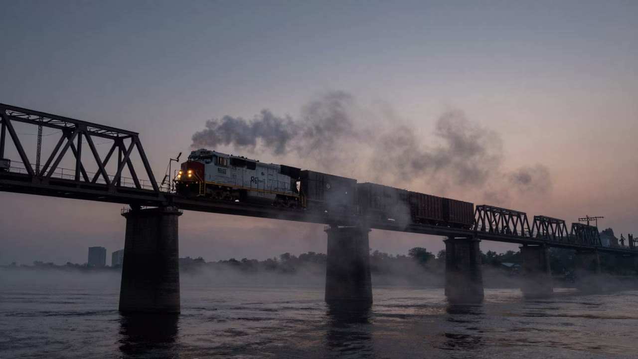 New Orleans Warehouse District Predawn Freight Train Crossing Trestle Bridge with Steam Haze in in New Orleans, Louisiana, United States