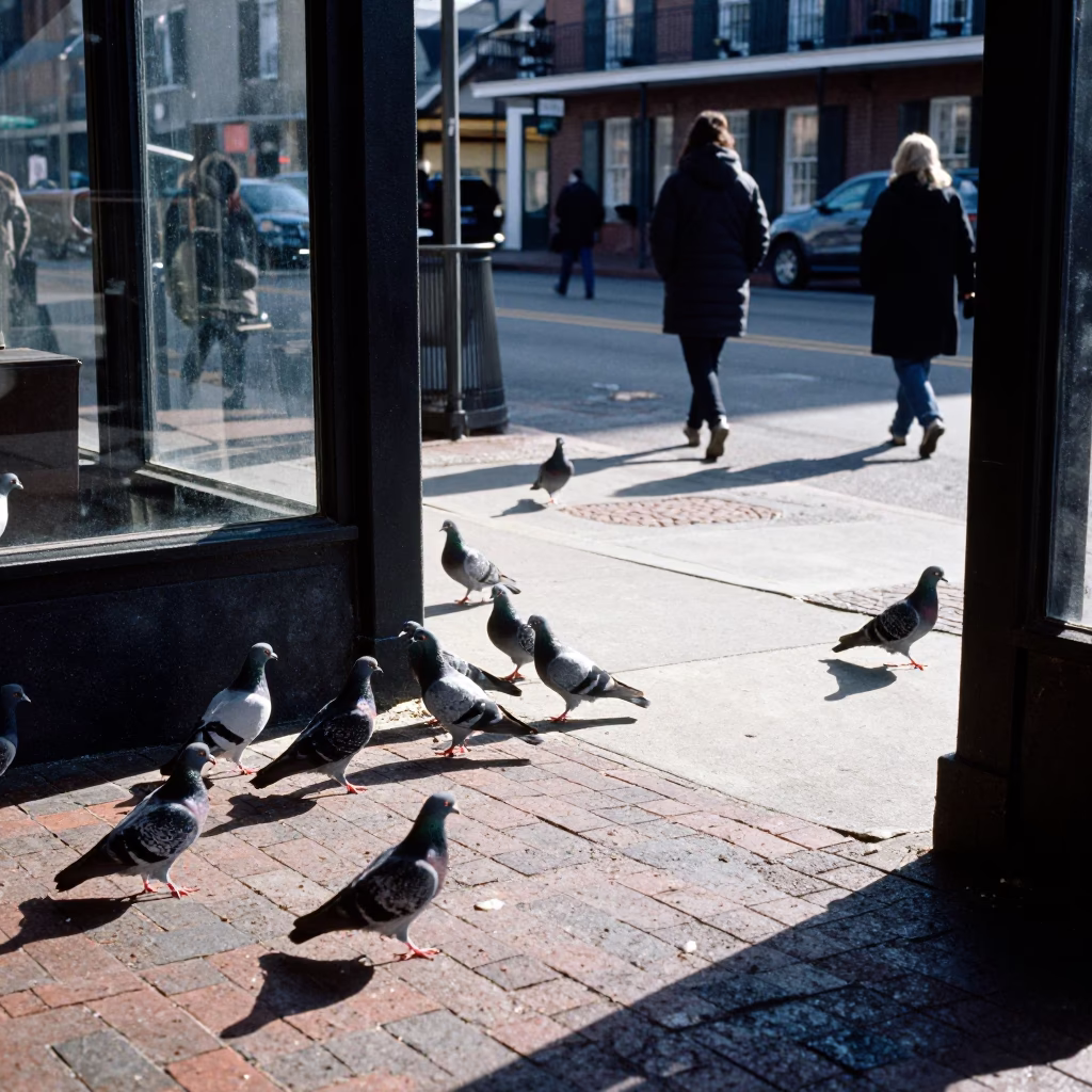 New Orleans Winter Noon Street Scene with Pigeons and Glass Reflections in in New Orleans, Louisiana, United States