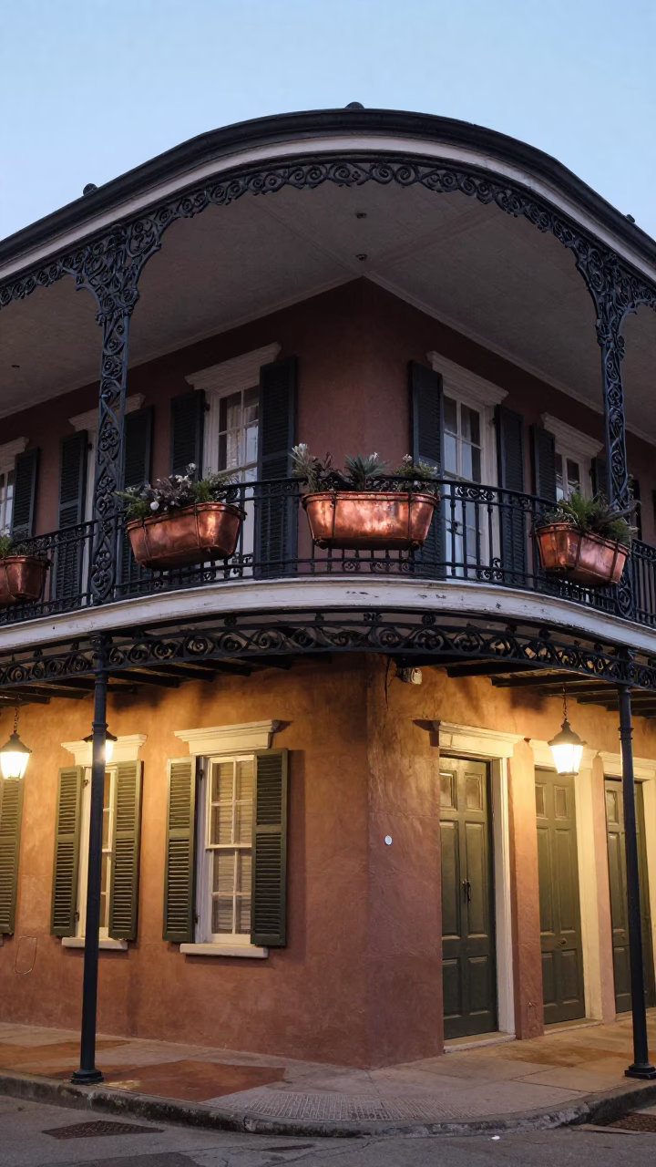 New Orleans wrought iron balcony with window boxes in copper dusk light in in New Orleans, Louisiana, United States