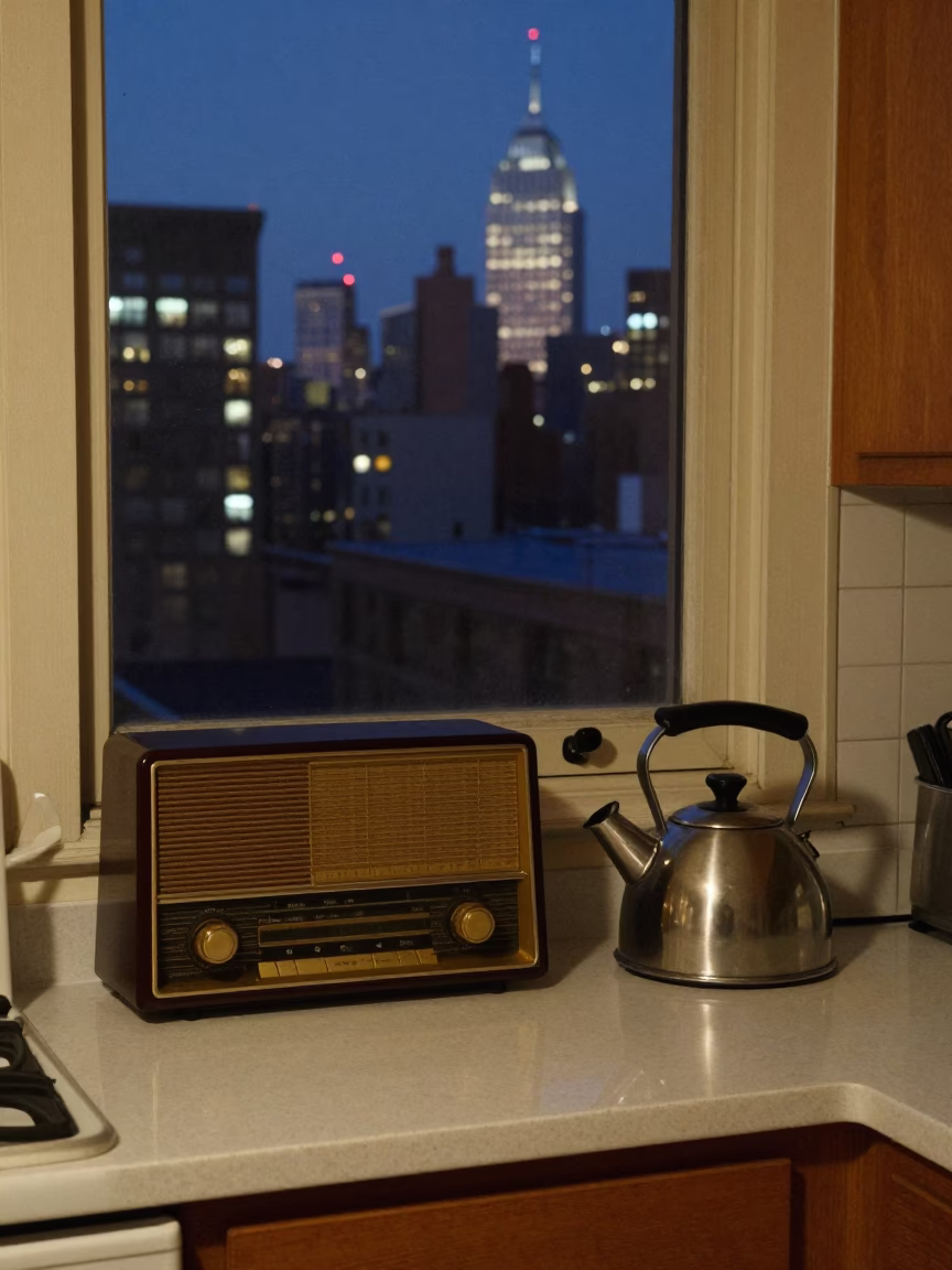 New York apartment kitchen evening with vintage radio and kettle in in New York, New York, United States