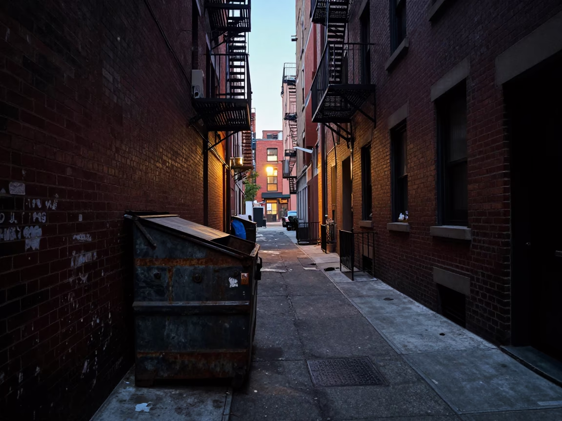 New York City Alleyway at Dawn with Trash and Urban Decay Details in in New York, New York, United States