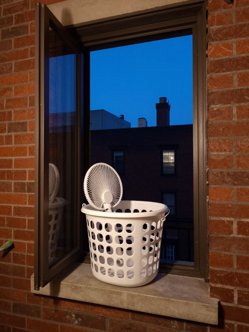 New York City Apartment Laundry Basket and Folding Fan in Indigo Twilight in in New York, New York, United States