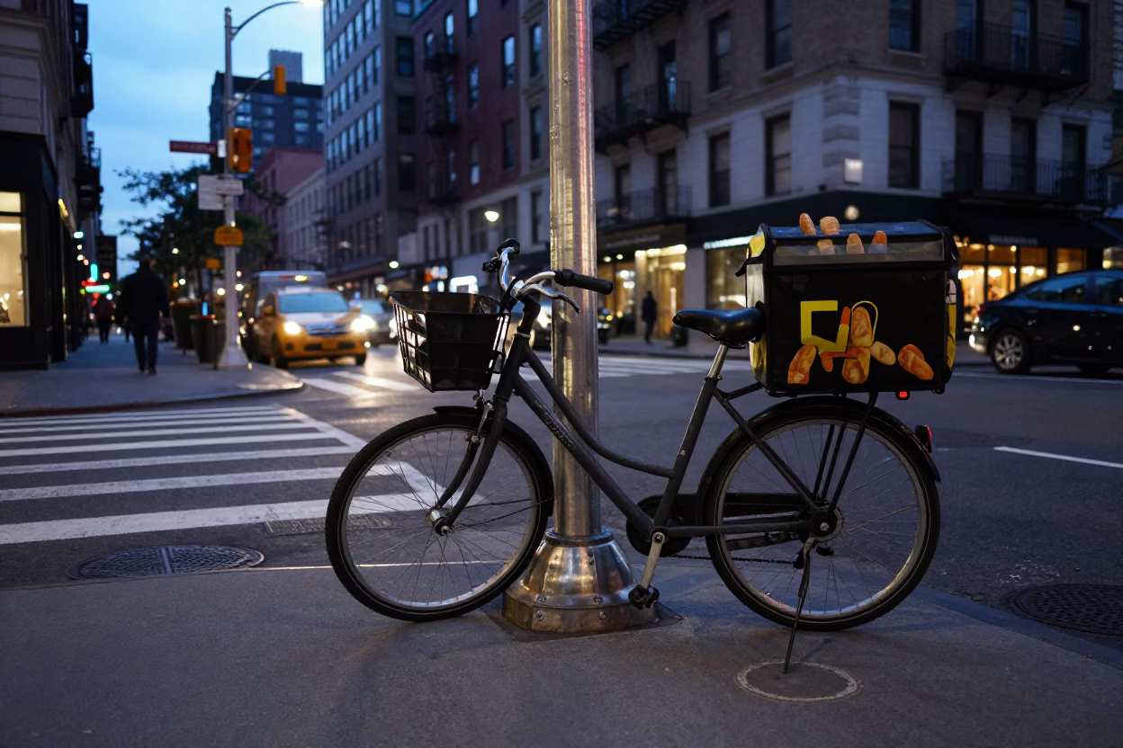 New York City Blue Hour Street Scene with Brushed Steel and Bicycle in in New York, New York, United States