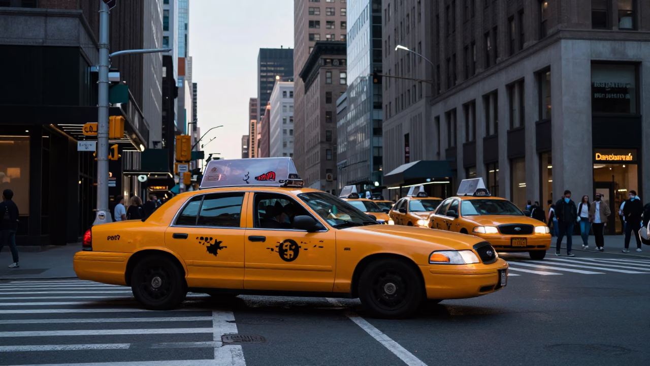 New York City Blue Hour Street Scene with Classic Yellow Cab and Pedestrians in in New York, New York, United States