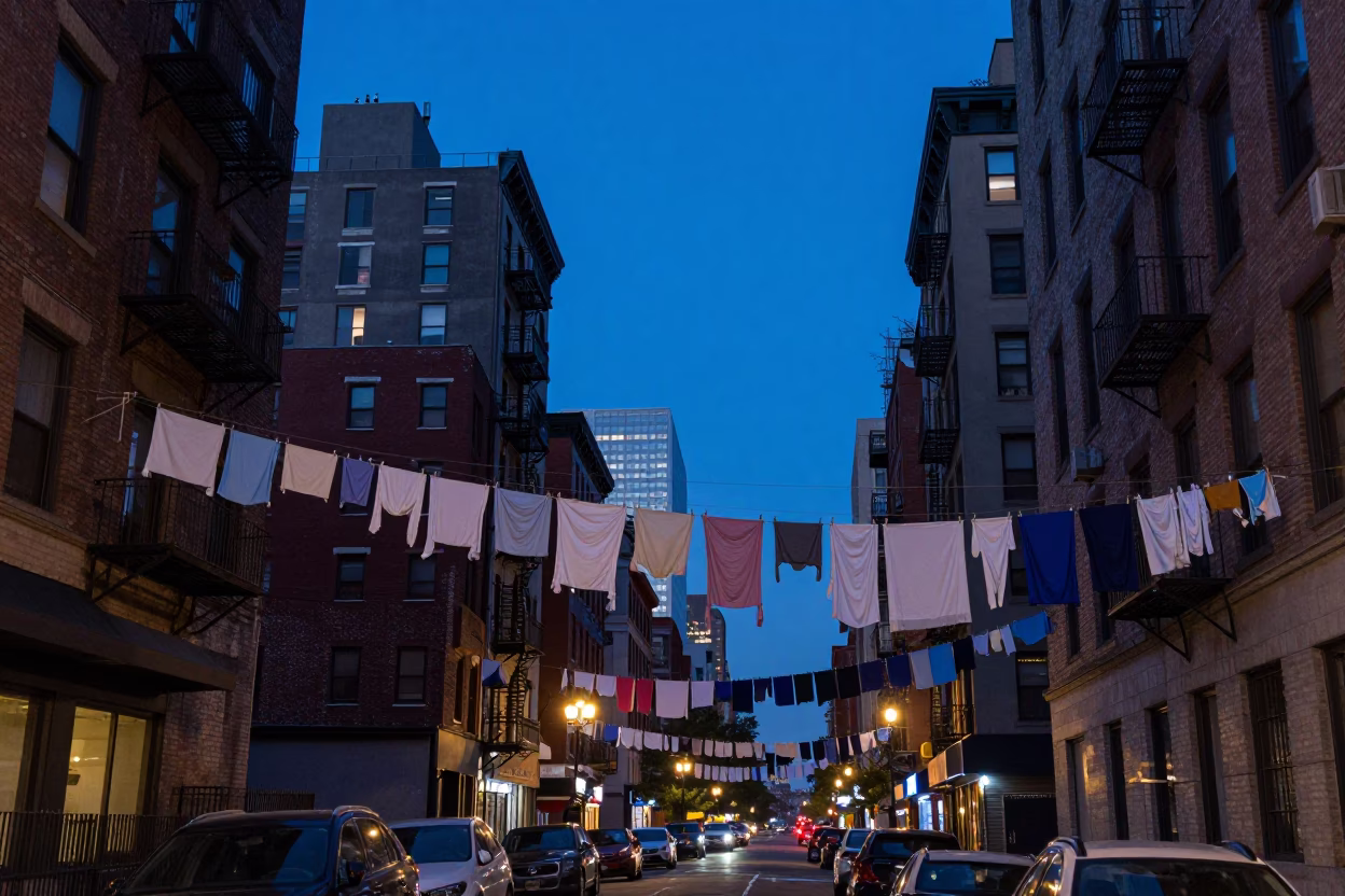 New York City Blue Hour Street Scene with Laundry and Urban Architecture in in New York, New York, United States