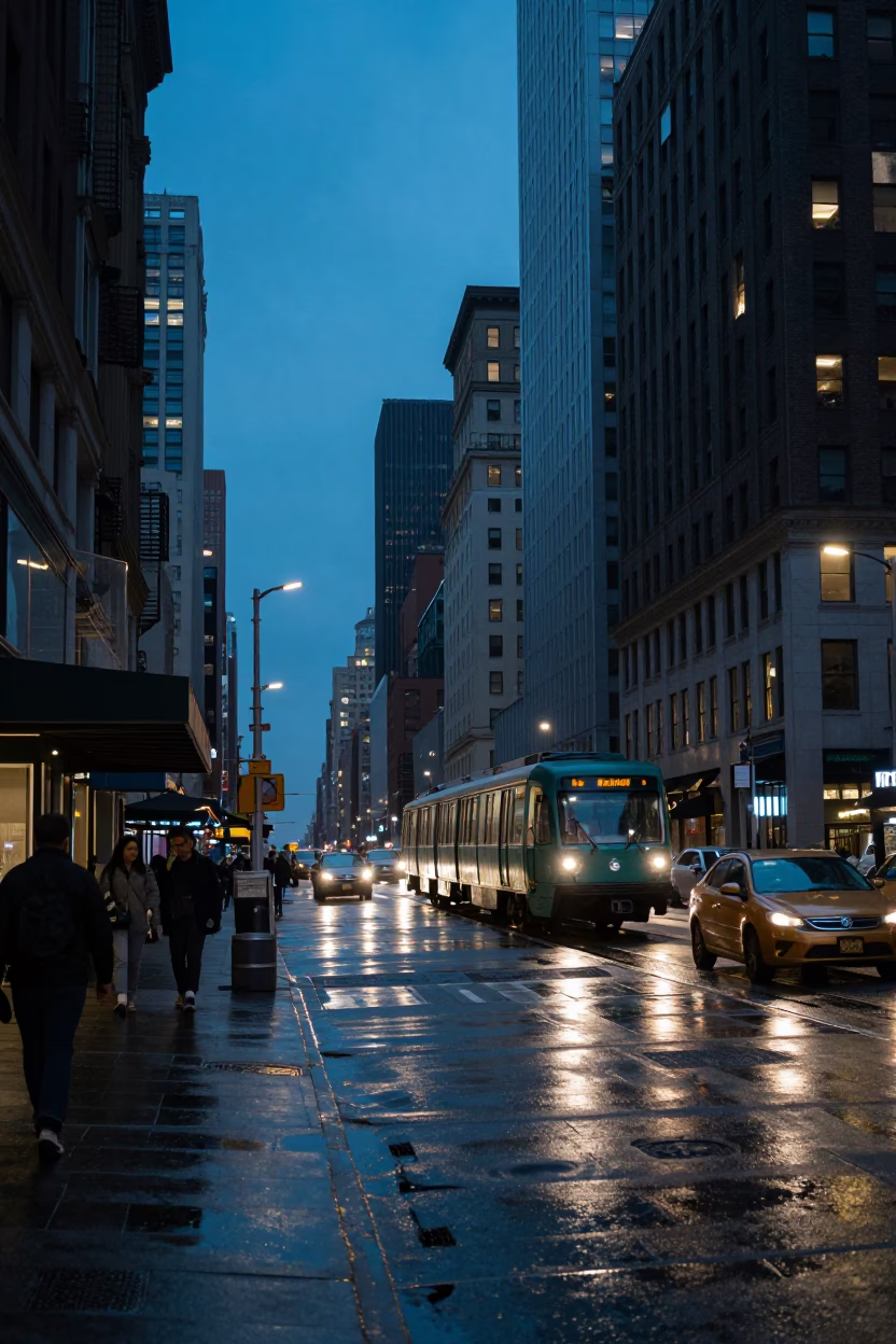 New York City Blue Hour Street Scene with Monorail and Urban Architecture in in New York, New York, United States