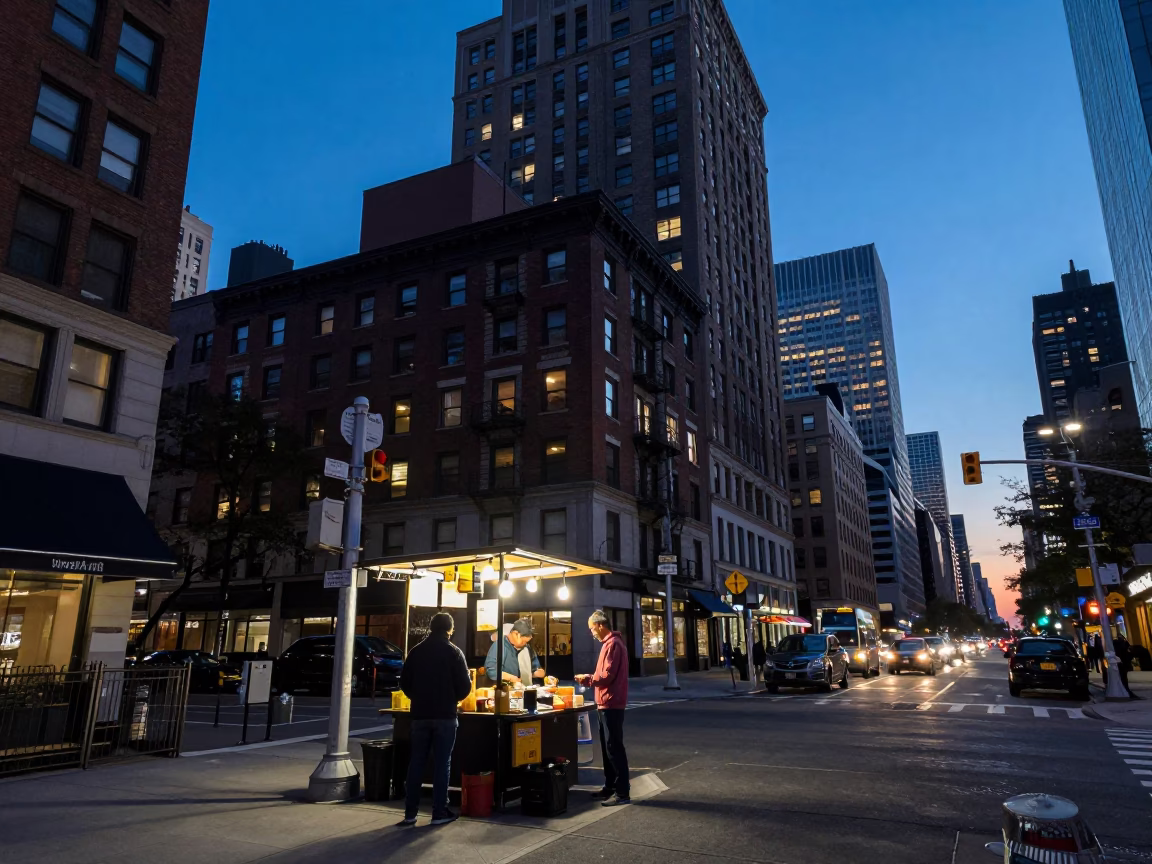 New York City Blue Hour Street Scene with Street Vendor and City Lights in in New York, New York, United States