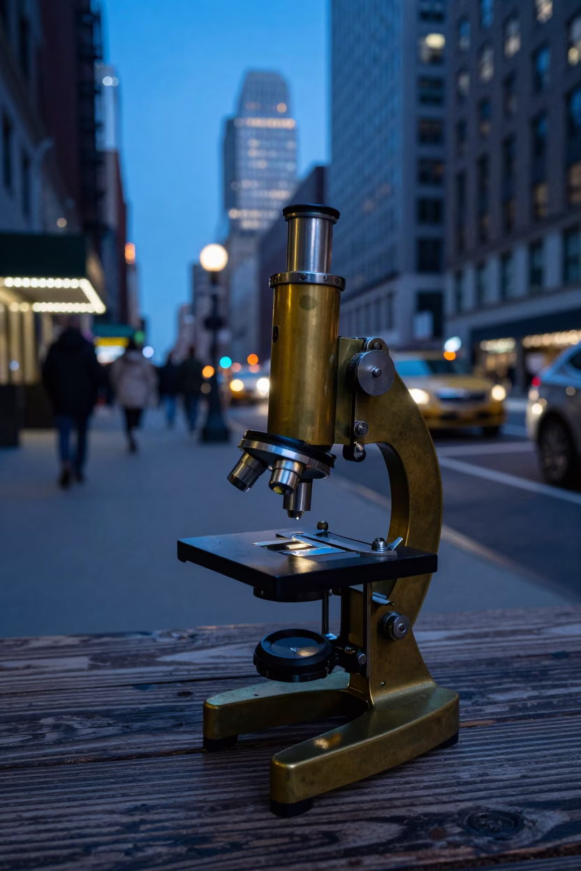 New York City Blue Hour Street Scene with Vintage Brass Microscope on Cafe Table in in New York, New York, United States