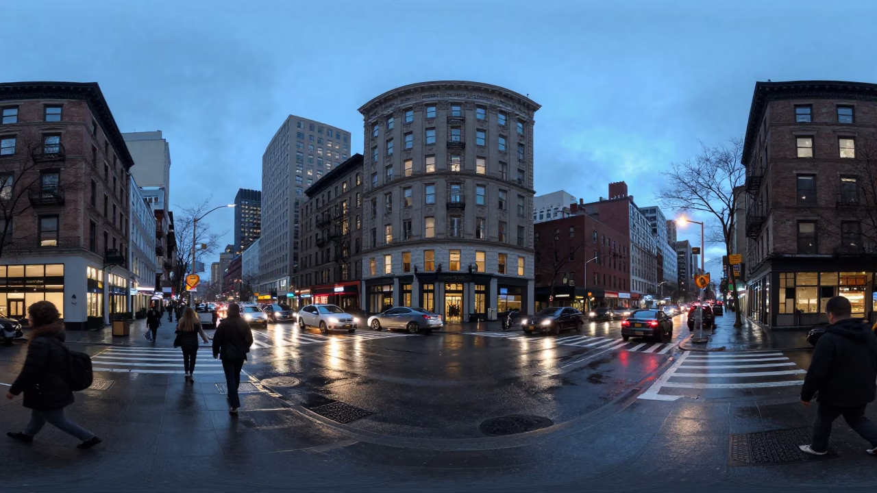 New York City Blue Hour Street Scene with Wet Pavement and Urban Architecture in in New York, New York, United States