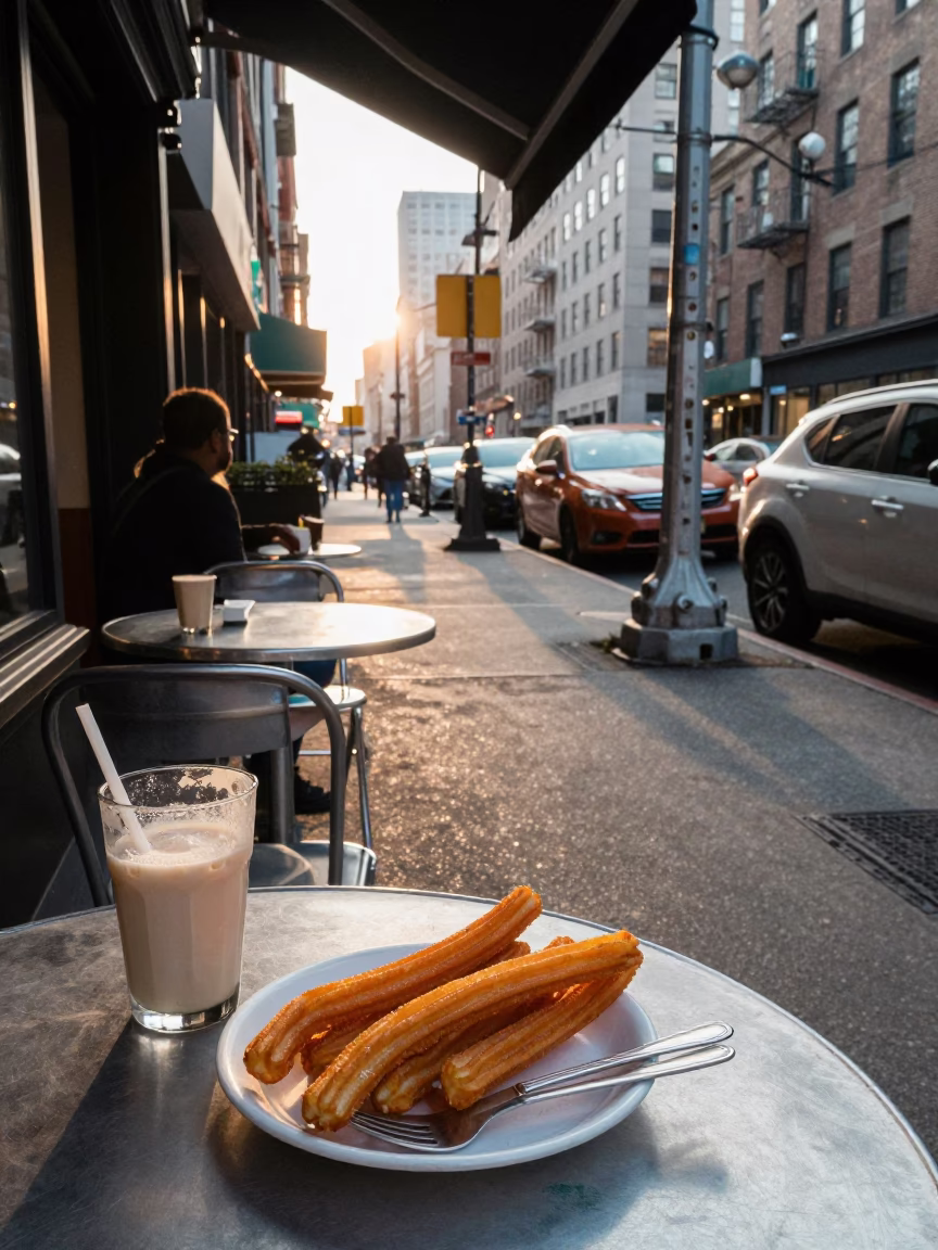 New York City Breakfast Scene with Churros and Cutlery at Sunrise in in New York, New York, United States