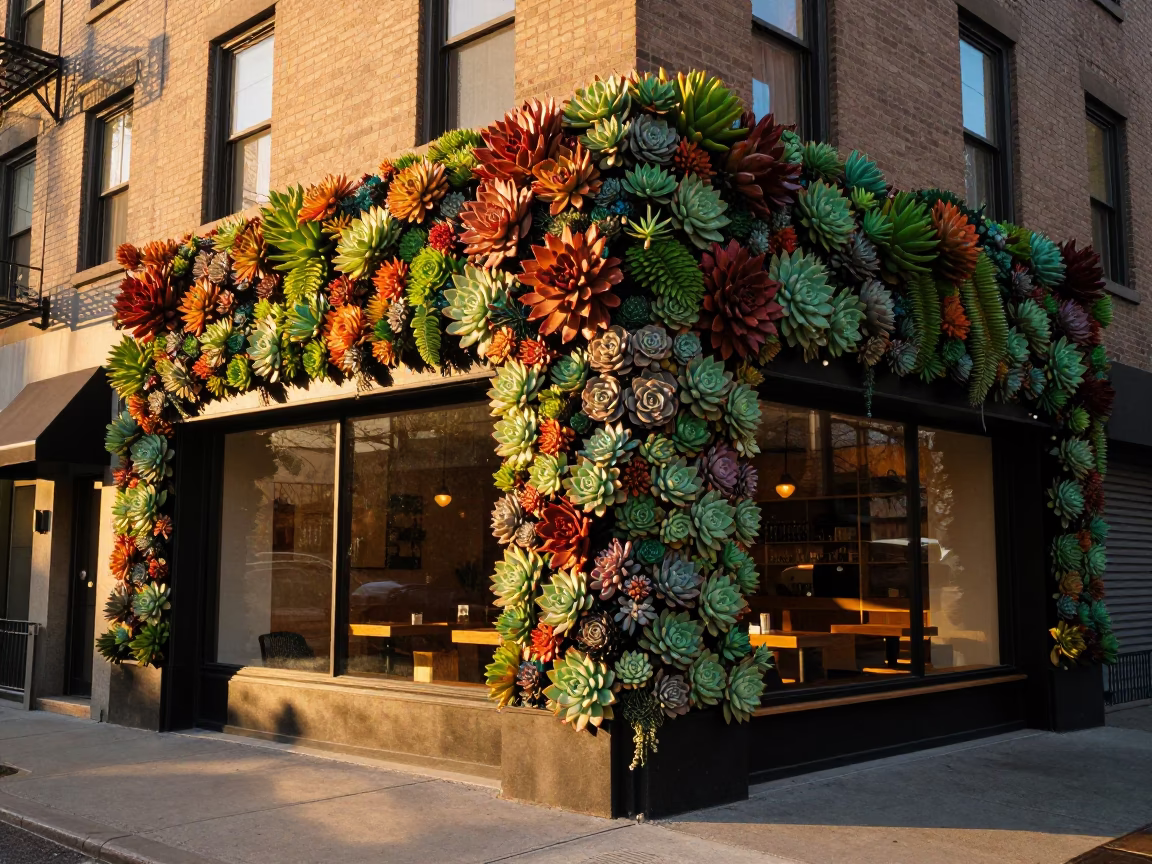 New York City Cafe Exterior Living Wall Succulents Golden Hour Street Scene in in New York, New York, United States