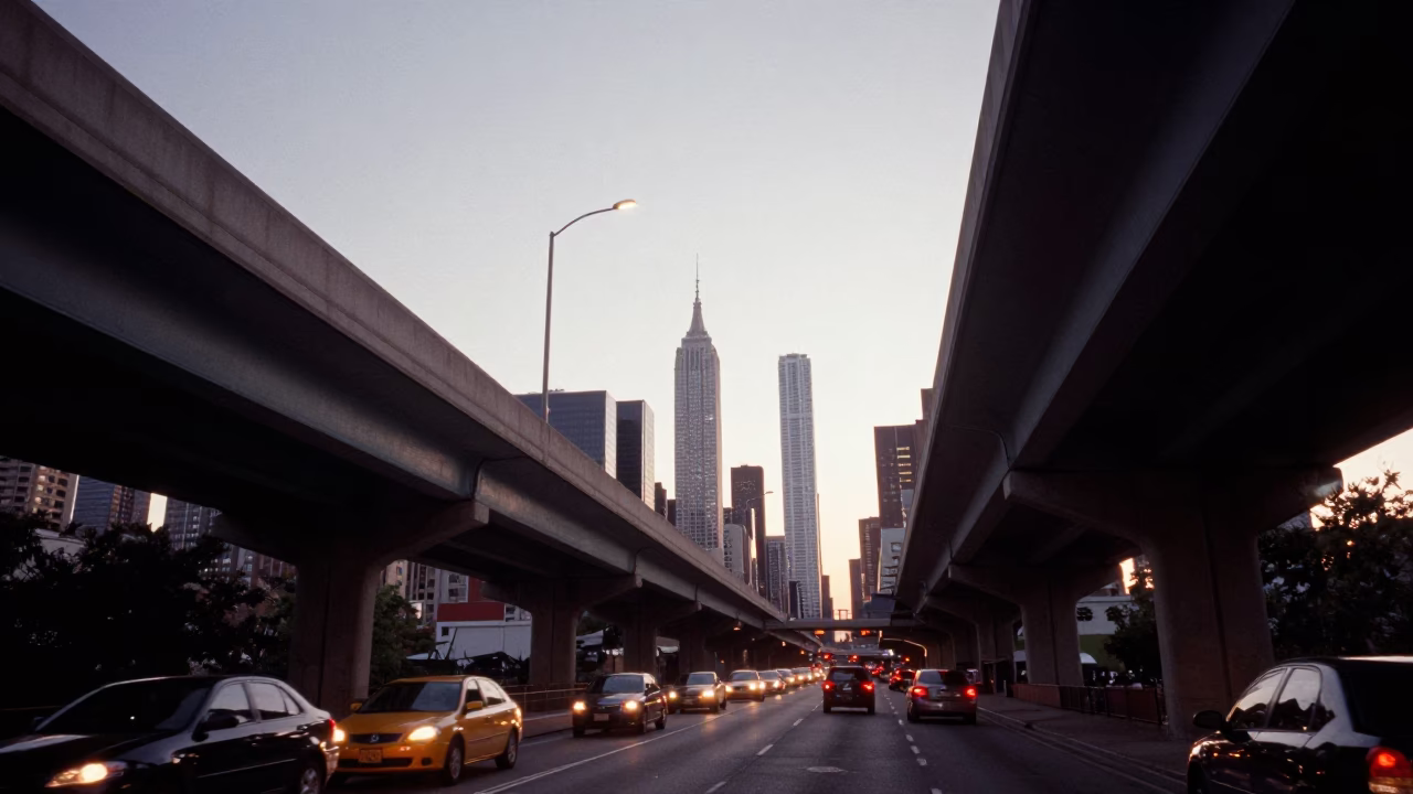 New York City Dawn Light Under Highway Overpass with Traffic Shadows in in New York, New York, United States