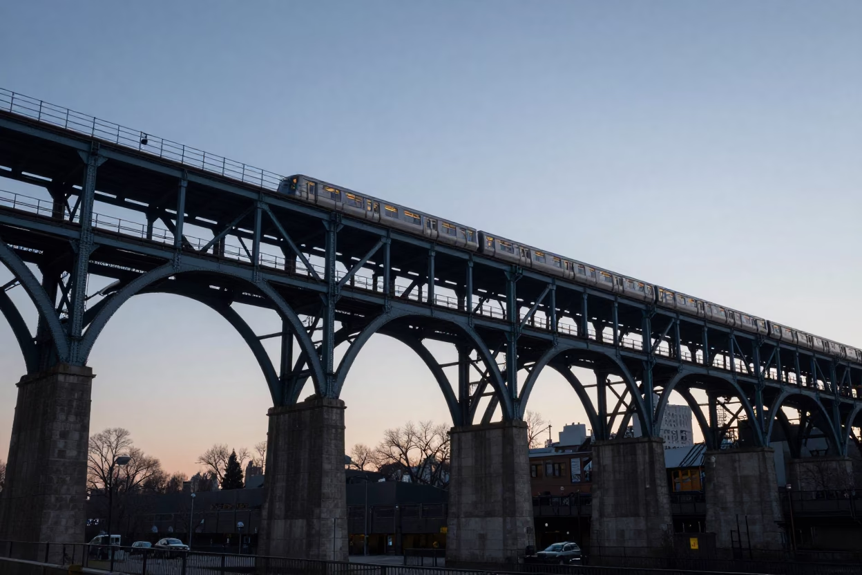 New York City Dawn Railway Viaduct Arches with Passing Train at Sunrise in in New York, New York, United States