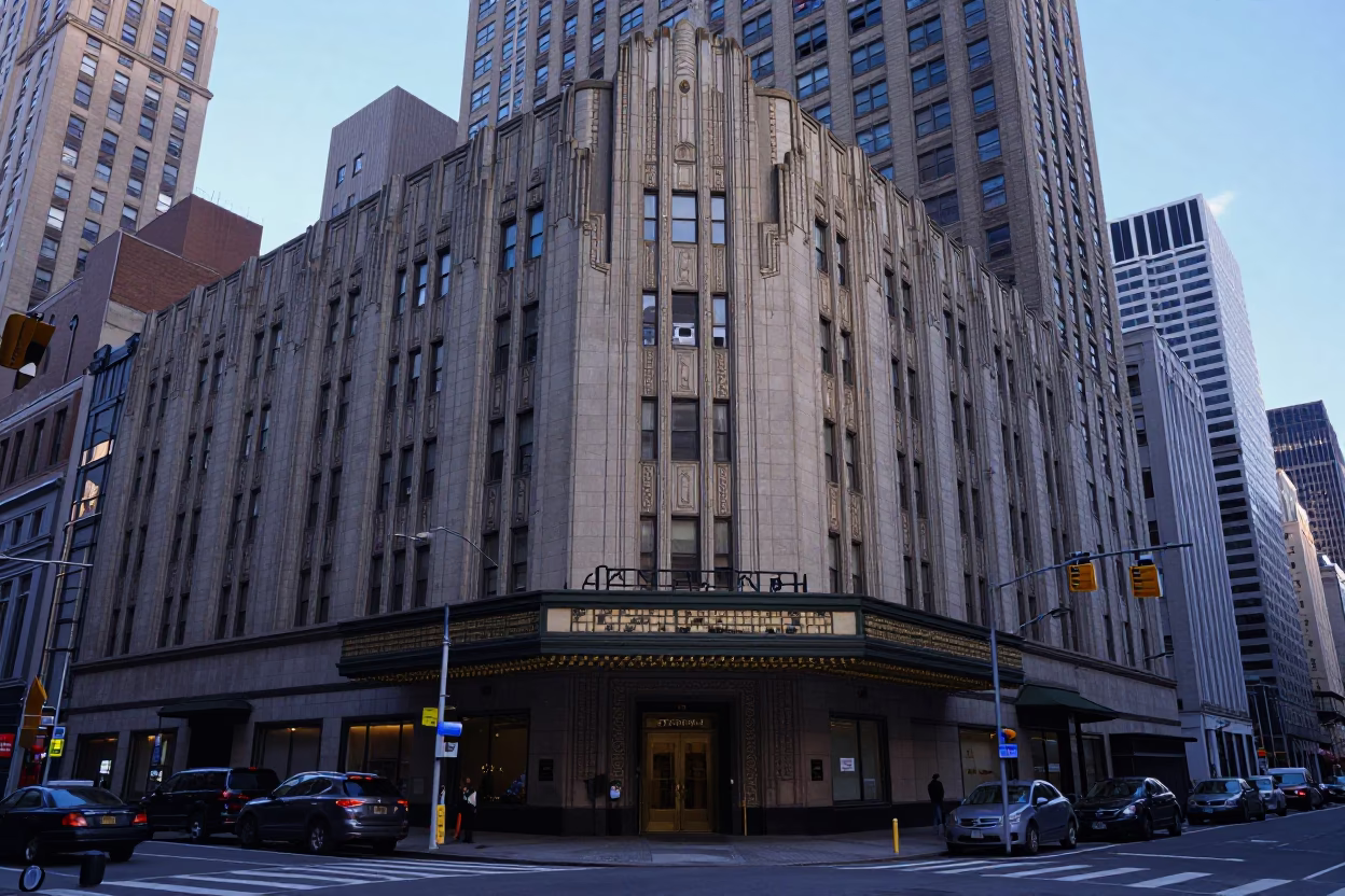 New York City Dawn Street Scene with Art Deco Facade and Urban Morning Light in in New York, New York, United States