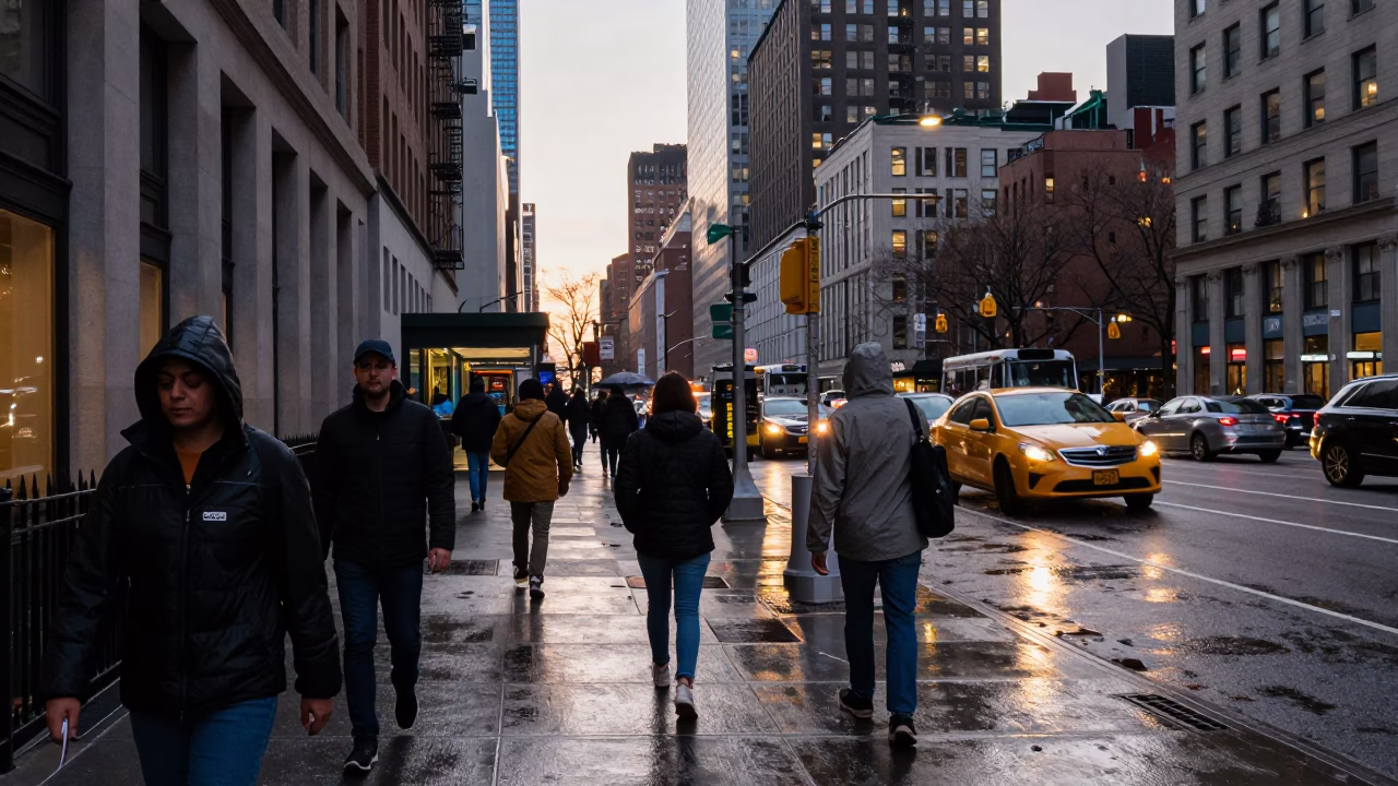 New York City Early Evening Street Scene with Pedestrians and Urban Architecture in in New York, New York, United States