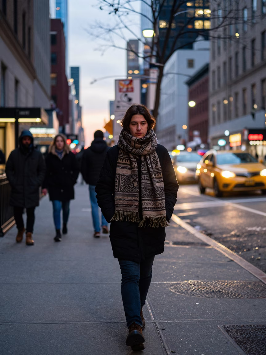 New York City Early Evening Street Scene with Scarf and Wall Sconce in in New York, New York, United States